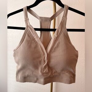 Beige Ribbed Seamless Sports Bra – Snap Front – Racerback – Size XL